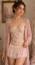 Pretty Garbage Floral Lace Corset Bustier Pink Nude Peasant Festival Coquette M