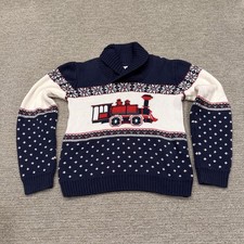 Janie and Jack Sweater Boy 6 Blue Train Fair Isle Shawl Collar Christmas Holiday