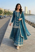 Stunning Pure Jarman Chinon Silk Blue Top Palazzo With Dupatta For Ethnic Wear
