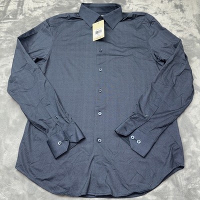 Bugatchi Shirt Mens  8 Way Stretch Button Long Sleeve SZ M Navy NWT $179 RETAIL