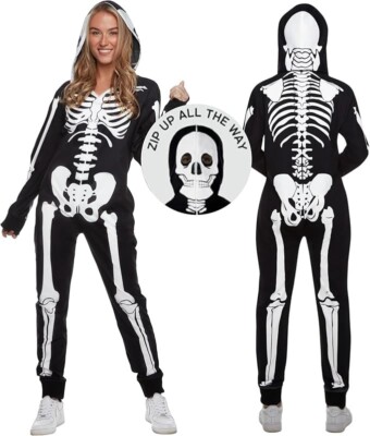 Women`s Skeleton Jumpsuit Ladies Hooded Halloween Costume S - 2XL
