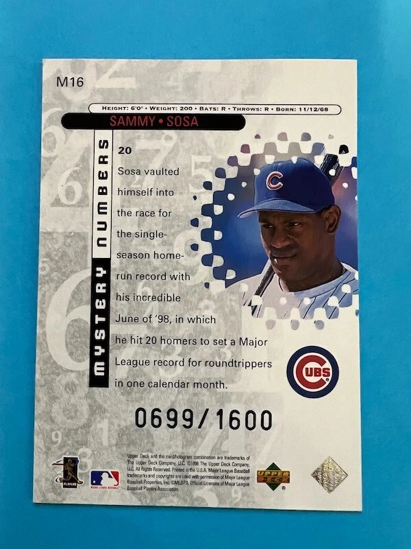 1999 Black Diamond Mystery Numbers #M16 Sammy Sosa 699/1600 Chicago Cubs - Image 2 of 4