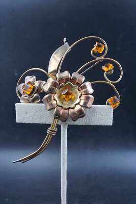 Vintage Harry Iskin HI Signed 10K GF Flower Long Brooch Amber Color Crystals