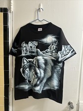 VTG HANES Black Single Stitch All Over Print Wolf T-Shirt Men L Nancy Blauers