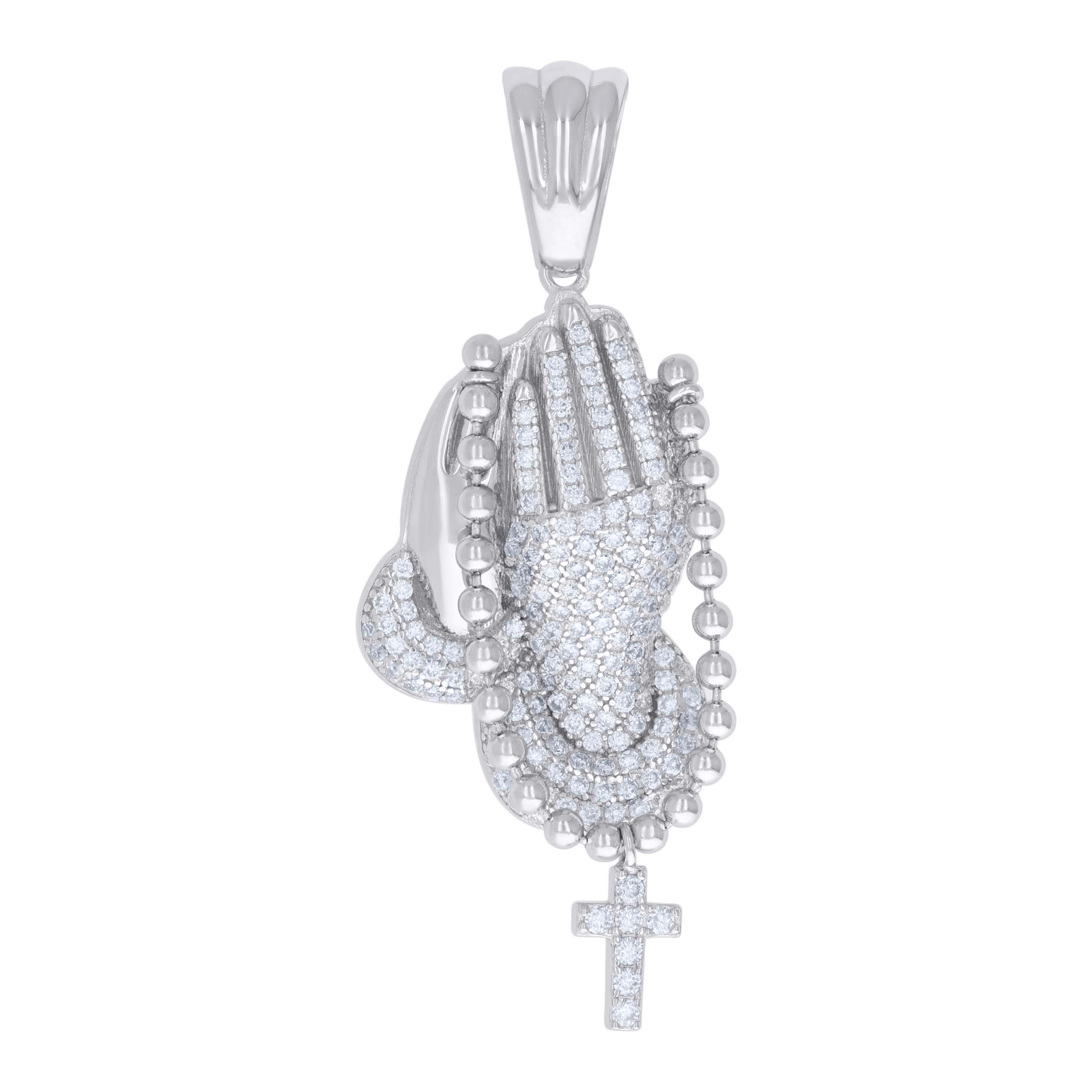 925 Sterlingsilber Moissanit Betende Hände mit Kreuz Rosenkranz Anhänger 1.14 CT