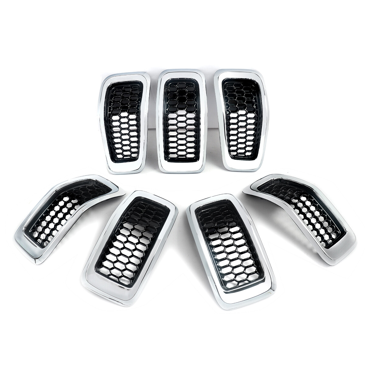 Anzio Black Grille Inserts + Chrome Covers – 7pcs Set For 2014-2018 Jeep Cherokee