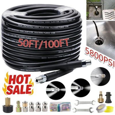 100FT 5800PSI Sewer Jetter Nozzles Kit Drain Cleaning Hose for Pressure Washer