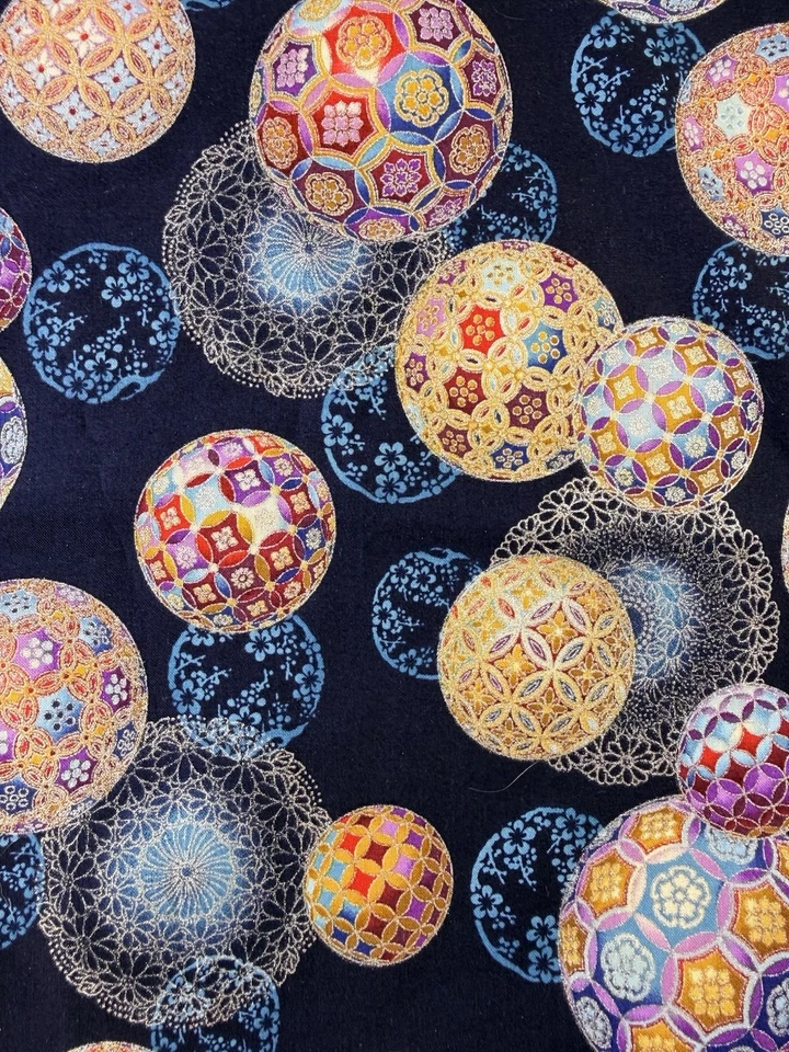 Robert Kauffman Fabric Christmas In Kyoto Silver Gold Red Balls On Blue 4 Yards - Image 2 of 4