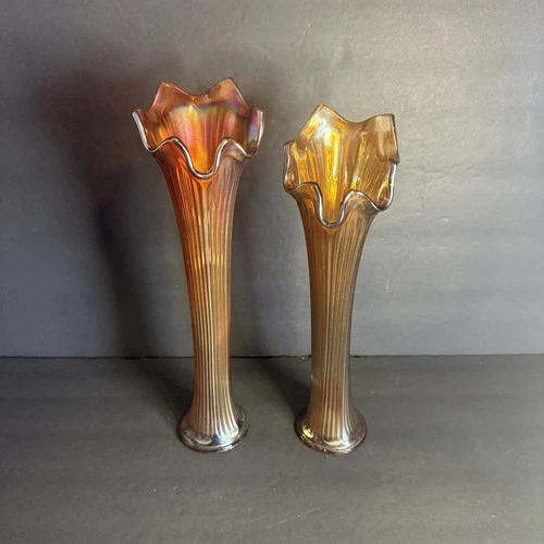 Set Of 2 Fenton Marigold Carnival Glass Swung Vases W Fine Rib Pattern