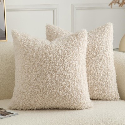 Pack of 2 Curly Teddy Wool Faux Fur Throw Pillow Covers Fuzzy Accent Soft She...