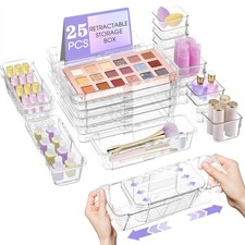 Extendable Clear Drawer Organizer, Adjustable Vanity Storage Box, 3-Size 25 Pcs
