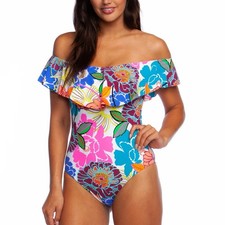 Trina Turk Radiant Blooms Off-the-Shoulder Ruffle One Piece Swimsuit Sz 8 Floral