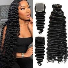 Uesoels 3 Bundles Deep Wave Brazilian Human Hair 4x4 Lace Closure 14 16 18 12in
