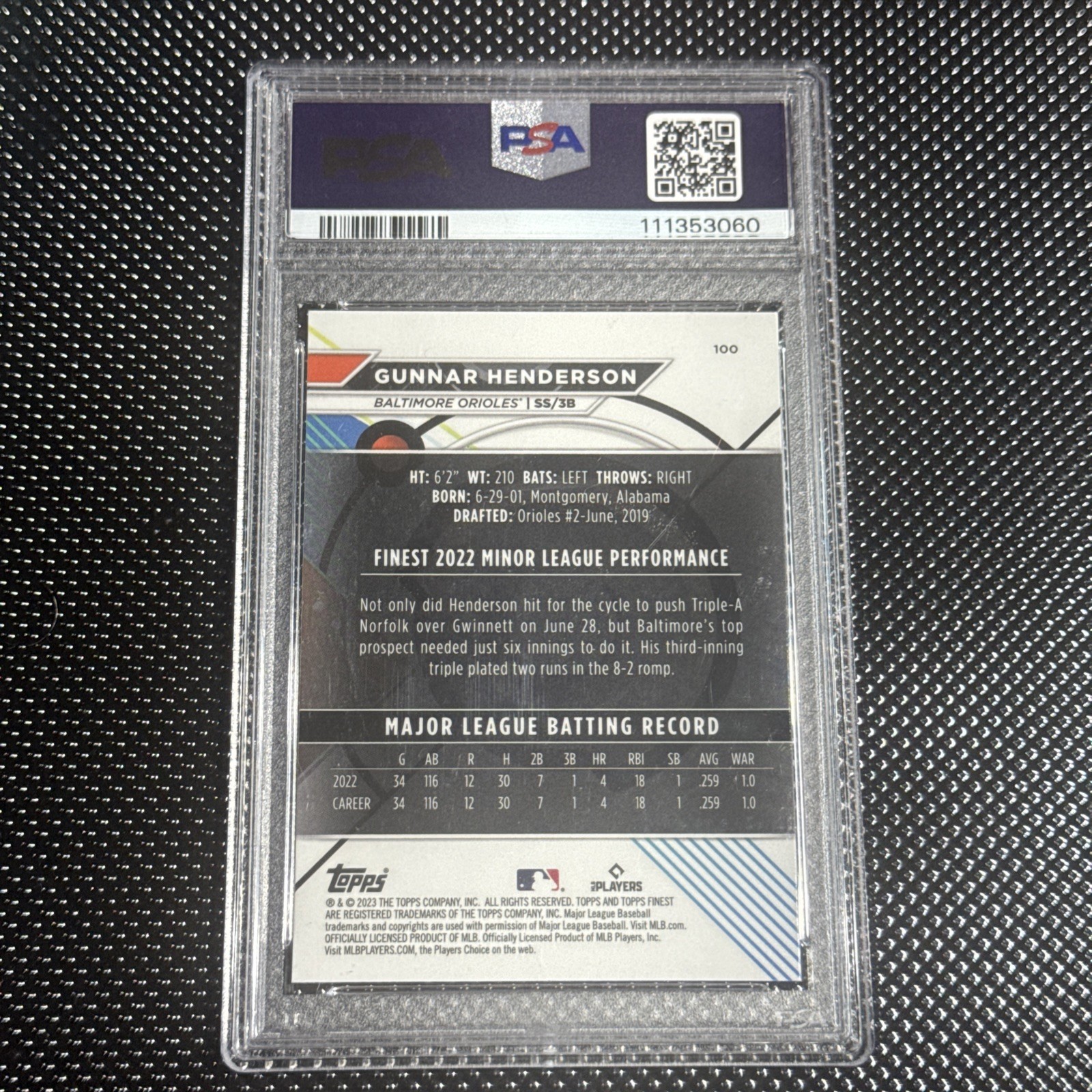 2023 Topps Finest - Gunnar Henderson #100 (RC) PSA 10 view 2