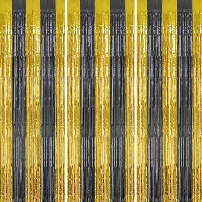 3 PCS 3.3x8.2FT Black&Gold Foil Fringe Backdrop Shiny Tinsel Party Curtains