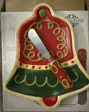 Fits And Floyd Sugar Coated Christmas Bell Cheese Plate And Knife Snack Plate