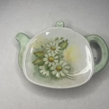 Vintage Tea Bag Tidy Butter Pat Holder Flowers w Leaves FLORAL TEAPOT SHAPE 1983