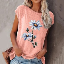 Womens Floral T-Shirt Tunic Tops Summer Short Sleeve Casual Blouse Basic Tee