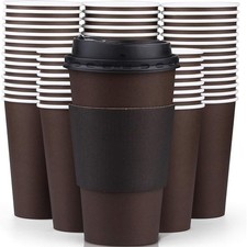 Disposable Brown Coffee Cups with Lids Sleeves 16oz Paper Hot Beverage 100 Pack