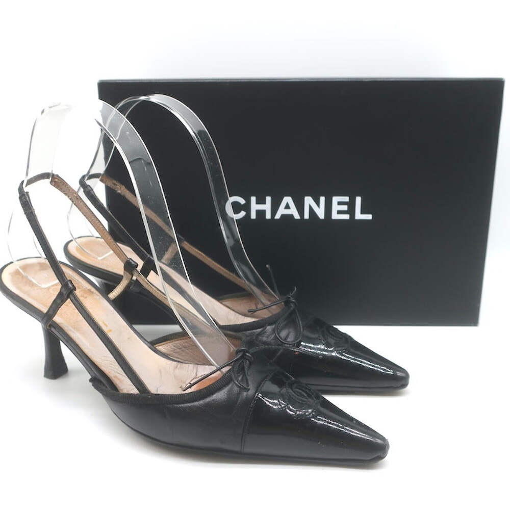 Vintage Chanel 03A CC Cap Toe Bow Slingback Pumps Black Patent