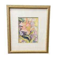 Artist Original Watercolor Painting Iris Gold Frame Matted Glass Signed WARD