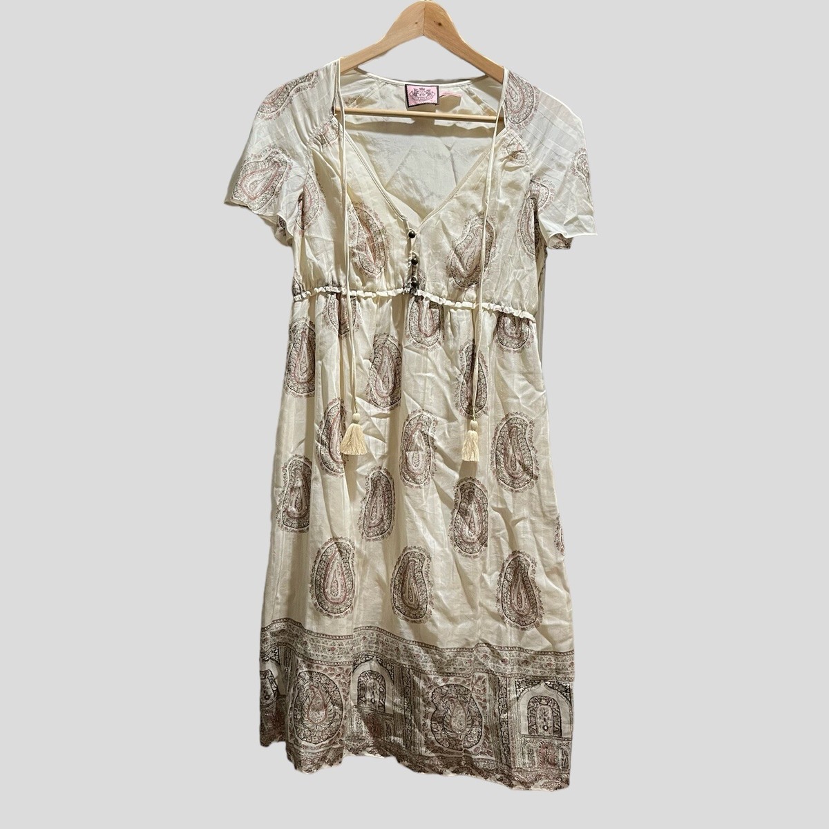 Juicy Couture Paisley Tassels Cream Silk Blend Short Dress V Neck Size 4 |  eBay