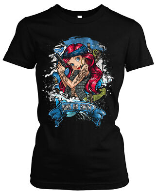 Sink or Swim Damen Girlie T-Shirt | Meerjungfrau Pin Up Girl Rockabilly Ariel 