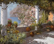 ceramic tile mural backsplash.  Positano  terrace garden Mediterranean sea view.