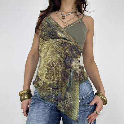 Retro style abstract print halter top slim lace backless A swing tank top