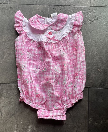 Vintage 1980s Baby Girl Plaid Romper Size 6/9 Months Summer Pink Snaps Gingham - Picture 2 of 6