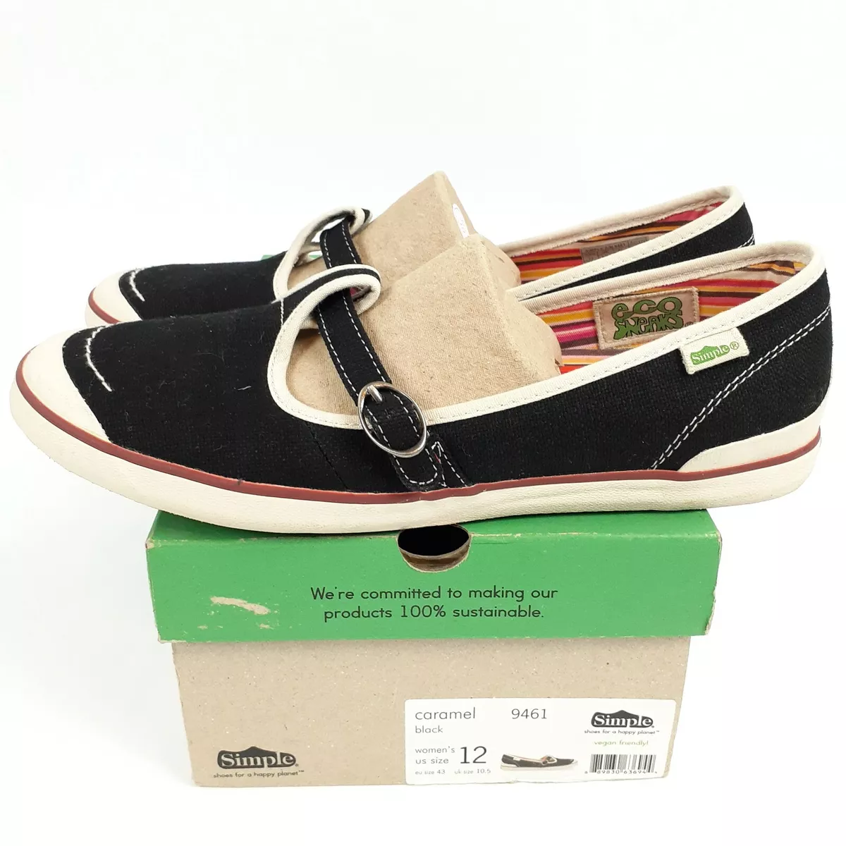 Simple Womens 12 Eco Sneaks Canvas Sneakers 9461 Flats Black Vegan