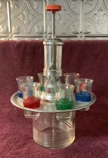 Vintage MCM Liquor Dispenser Pump Decanter w/6 Shot Glasses And Tray
