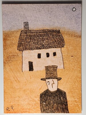 e9Art ACEO man in top hat in front of house outsider art brut naive