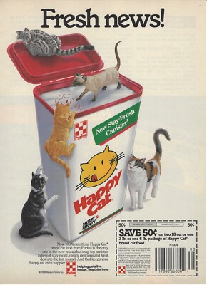 1989 Purina Happy Cat Food Pet vintage Print Ad 80's Advertisement