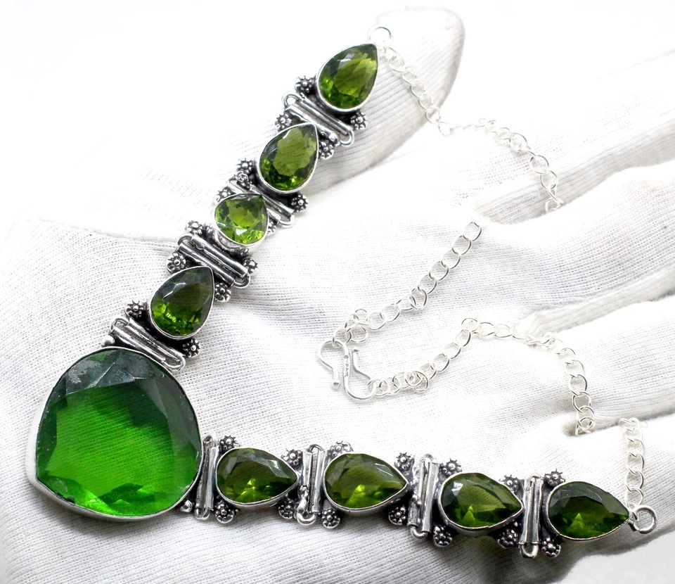 925 Sterling Silver Chrome Diopside & Peridot Gemstone Jewelry Necklace S-17-18" - Image 2 of 4