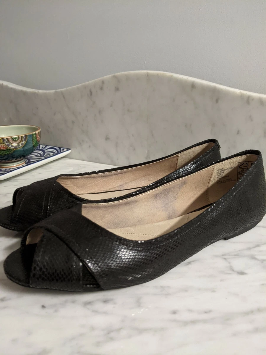 Lands End Black reptile embossed Leather Peep Toe Flats 8 1 2 eBay