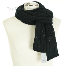 LANE BRYANT Women's BLACK Cable Knit WINTER SCARF Tiny Round SEQUINS Rectangle