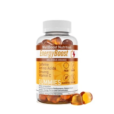 WELLBOOST Energy Boost Gummies, PreWorkout, Caffeine, Ginseng, VIT C, Carnitine, B-Alanine