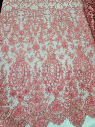 Coral Beaded Embroidery Lace Fabric By The Yard Sequin On Mesh Evening Dress - Picture 6 of 7