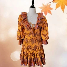 Love The Label Jasper Smocked Tiered Mini Dress L Beryl Mango Print