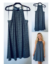 Michael Kors Sleeveless Dress XL Gold Chain Neck Navy blue yellow Print
