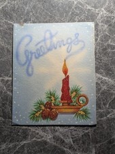Vintage Christmas Greeting Card Red Candle Pinecones Blue Snow MCM Retro...