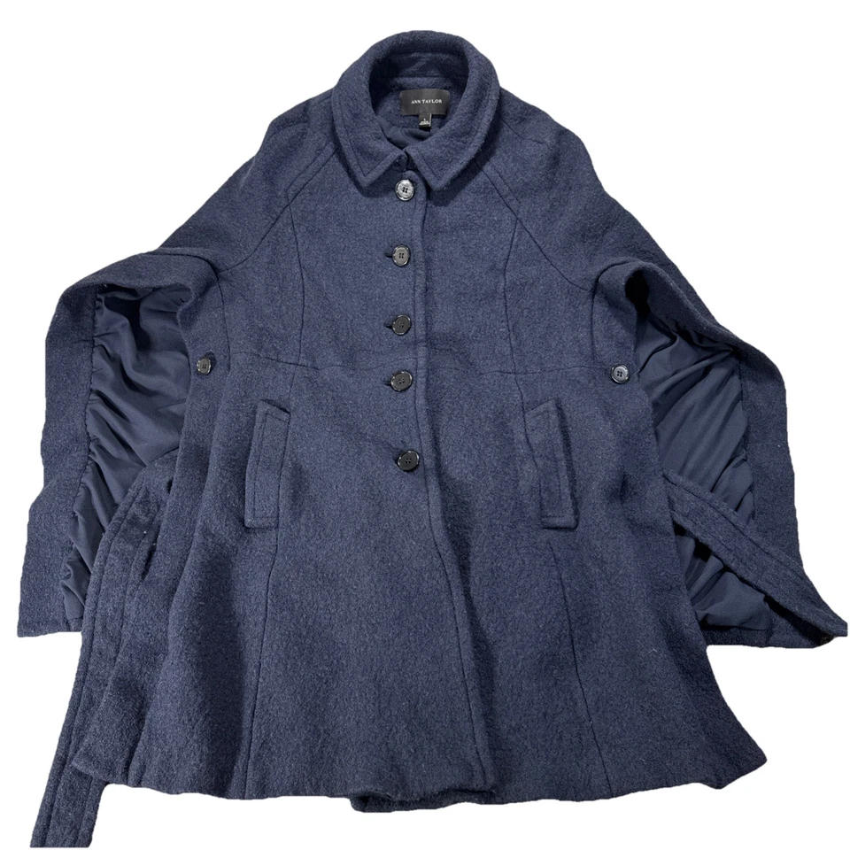 Ann Taylor шерстяная смесь темно-синий плащ куртка с галстук талии и руки отверстия размер большой - Изображение 4 из 4