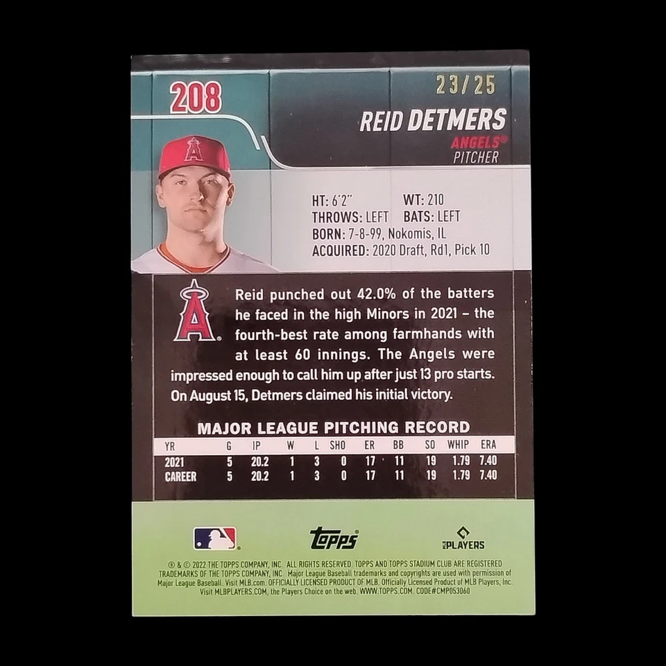 2022 Topps Stadium Club Chrome Baseball Refractor /25 Reid Detmers Rookie - Image 2 of 2