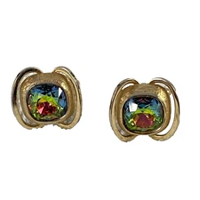 Vintage Swank Mens Cufflinks Gold Tone Rainbow Oval Glass Stone Retro Jewelry