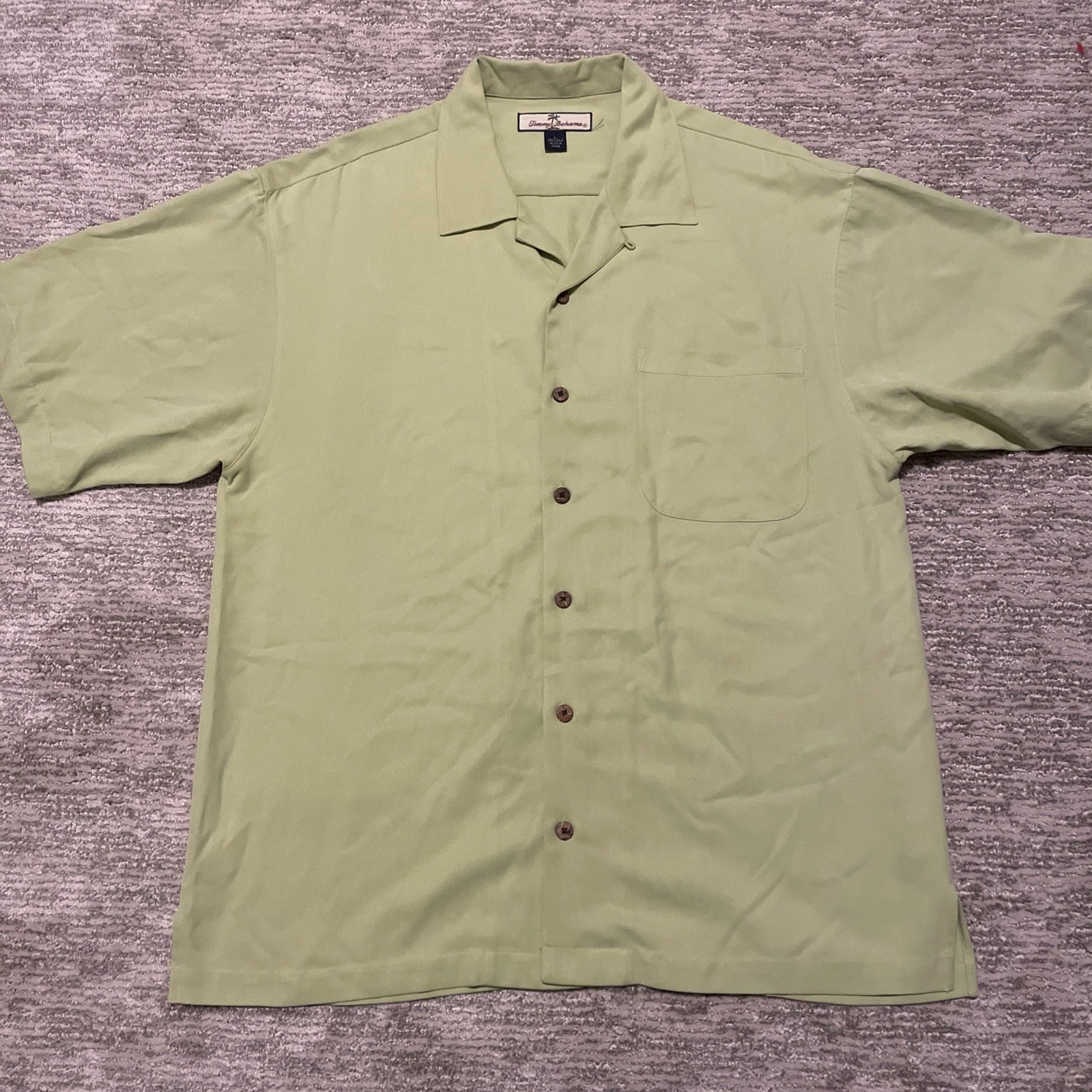Tommy Bahama Shirt Green 100% Silk Short Sleeve Button Front Mens Large Relax