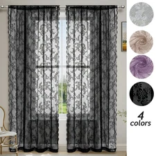 Black Lace Floral Net Curtains Voile Curtain Fashion Drape Panels Window Tulle↔