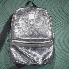 MCM Black Pebbled Leather Monogram Backpack Zip Closure Inner Pockets Designer