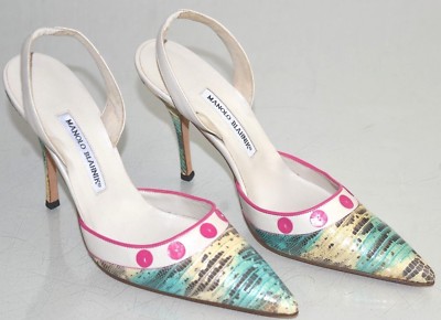 New MANOLO BLAHNIK Carolyne Pumps Ivory Pink EXOTIC LIZARD SKINS Shoes 40.5