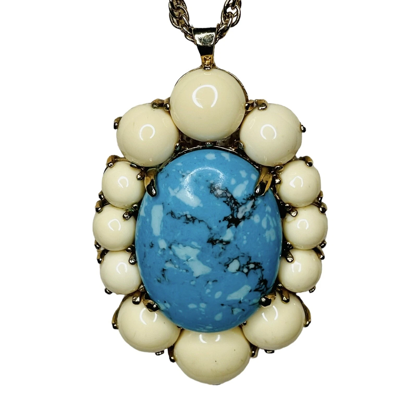 VETEMENTS Collana Ann Taylor 30" firmata crema blu finto turchese ciondolo tono oro